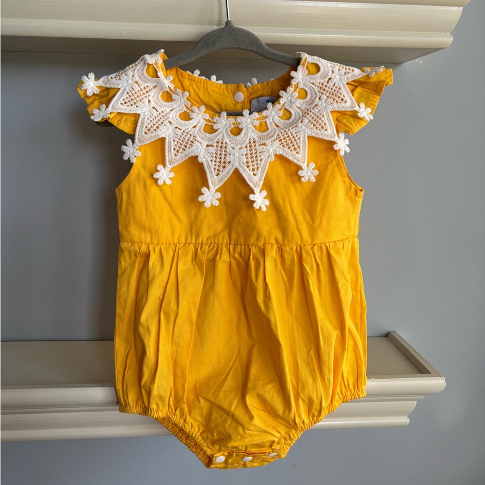 Bright Yellow Baby Romper with Lace Detail